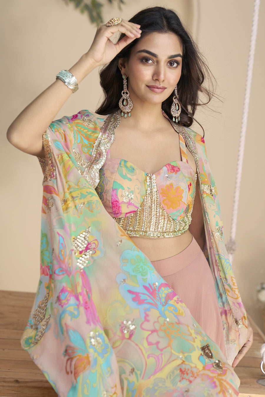 Light Pink Chinon Silk Plazo Choli With Shrug For Indian & Pakistani Wedding Festival - Thread & Sequins Embroidery Work, Print Work