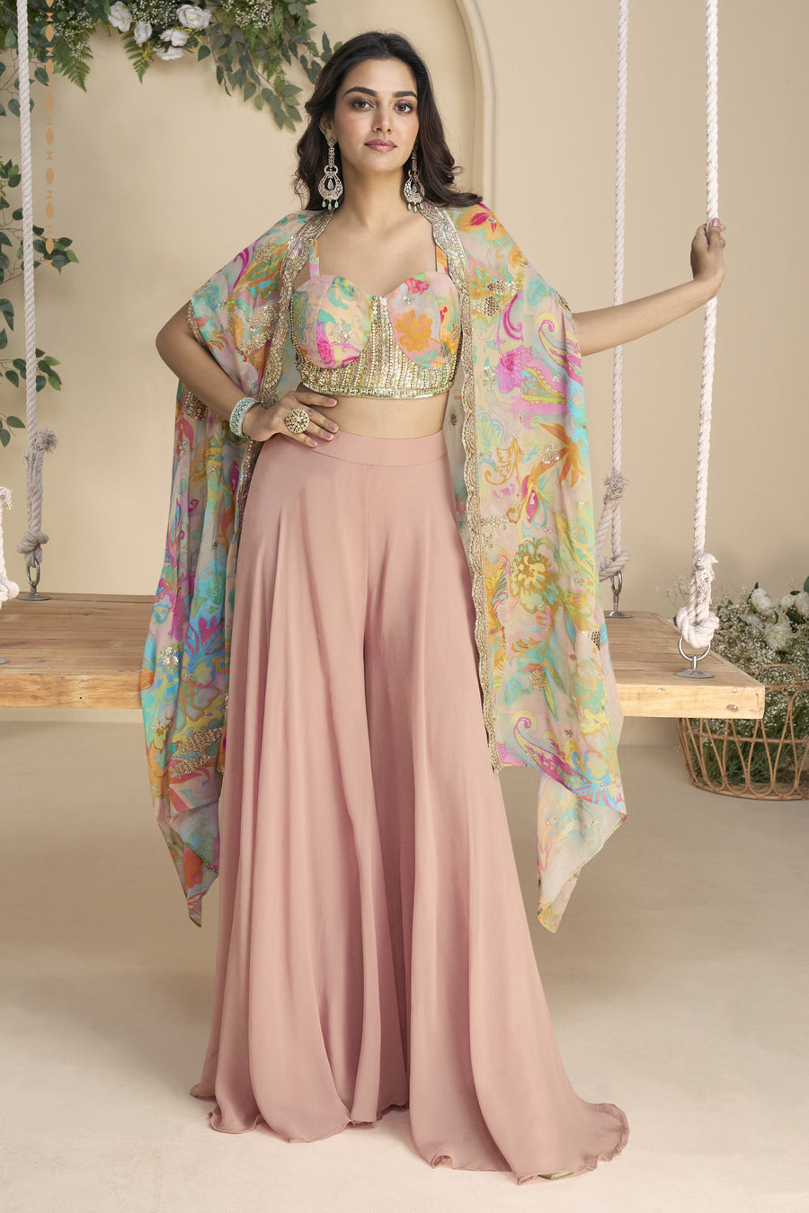 Light Pink Chinon Silk Plazo Choli With Shrug For Indian & Pakistani Wedding Festival - Thread & Sequins Embroidery Work, Print Work