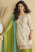 Off White Chinon Silk Sharara Suit For Indian & Pakistani Wedding Festival - Thread & Sequins Embroidery Work, Print Work