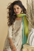 Off White Chinon Silk Sharara Suit For Indian & Pakistani Wedding Festival - Thread & Sequins Embroidery Work, Print Work