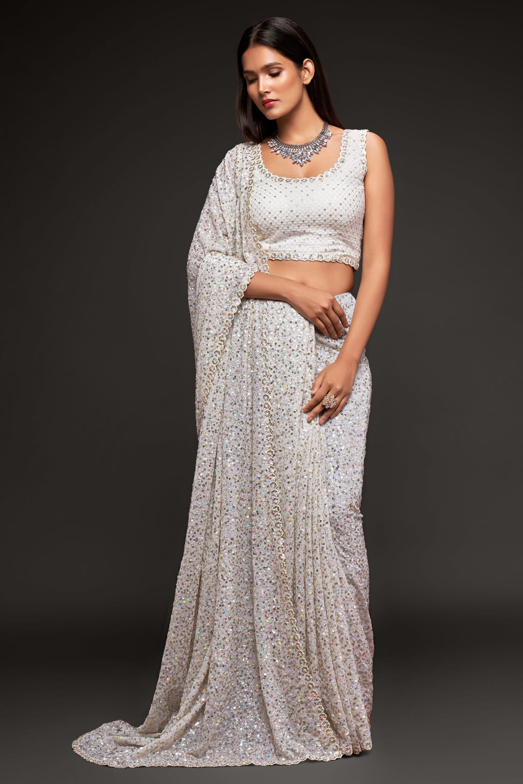 White Georgette Party Wear Saree with Blouse and Underskirt