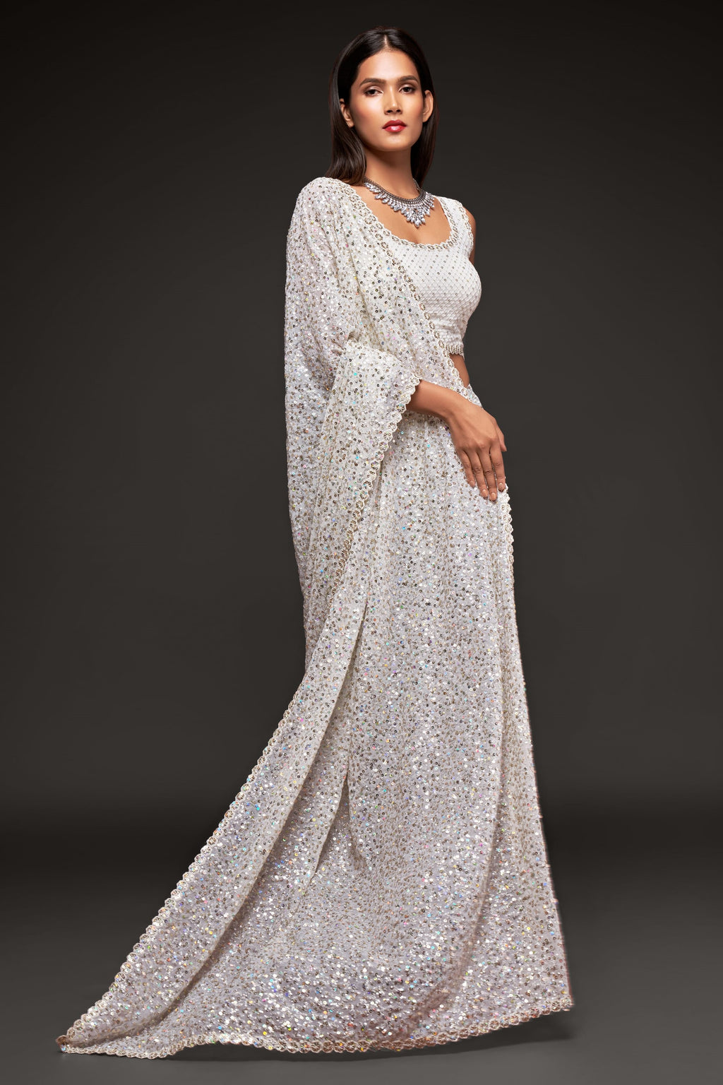 White Georgette Party Wear Saree with Blouse and Underskirt