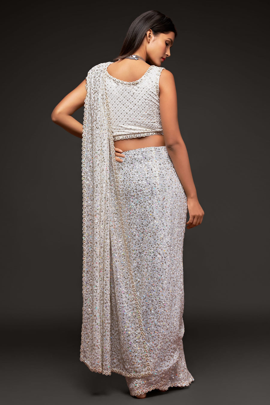 White Georgette Party Wear Saree with Blouse and Underskirt