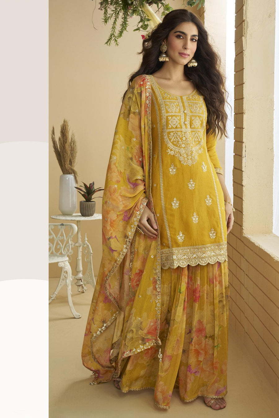 Mustard Yellow Chinon Silk Sharara Suit For Haldi Indian & Pakistani Wedding - Thread & Sequins Embroidery Work, Print Work