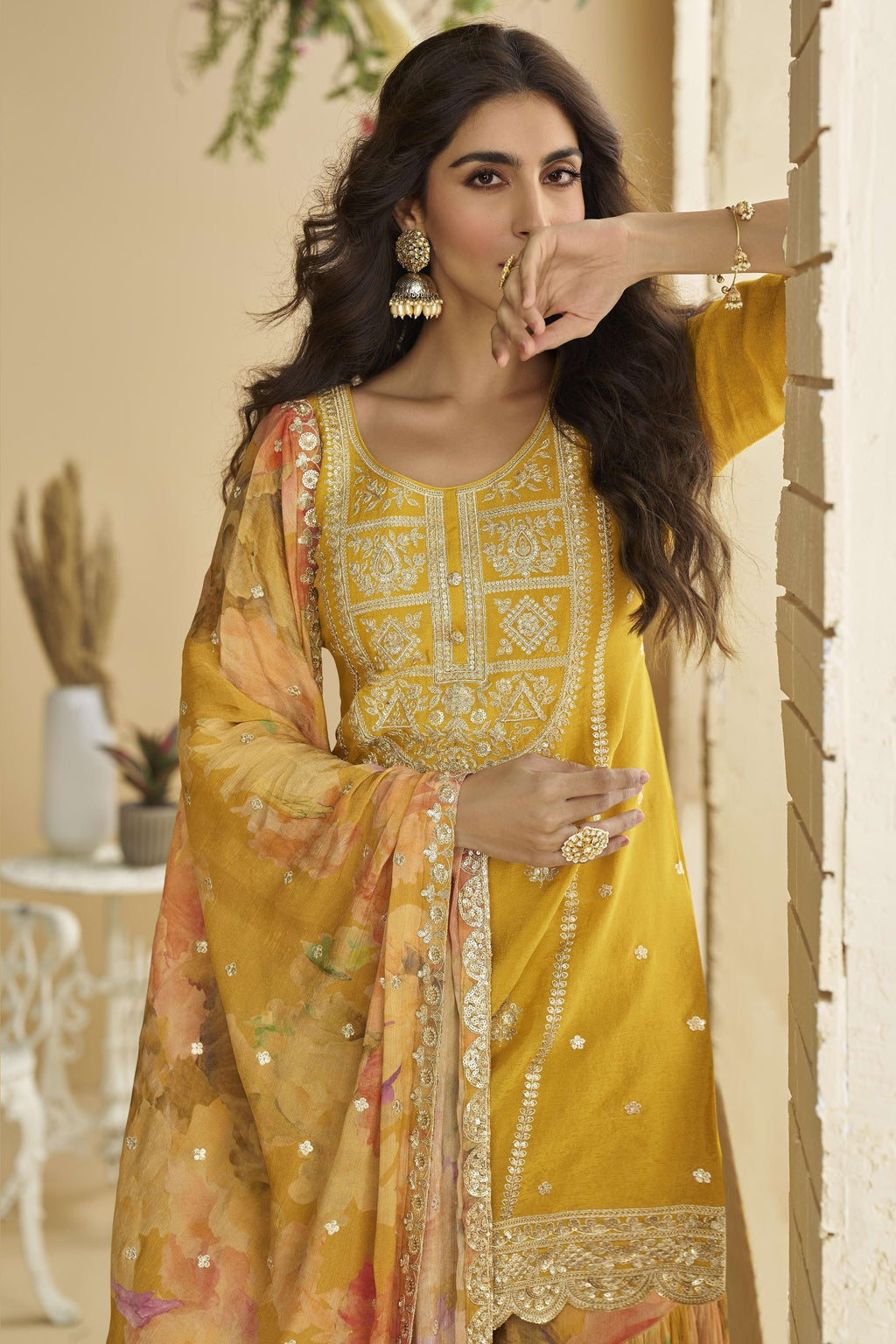 Mustard Yellow Chinon Silk Sharara Suit For Indian & Pakistani Wedding Festival - Thread & Sequins Embroidery Work, Print Work