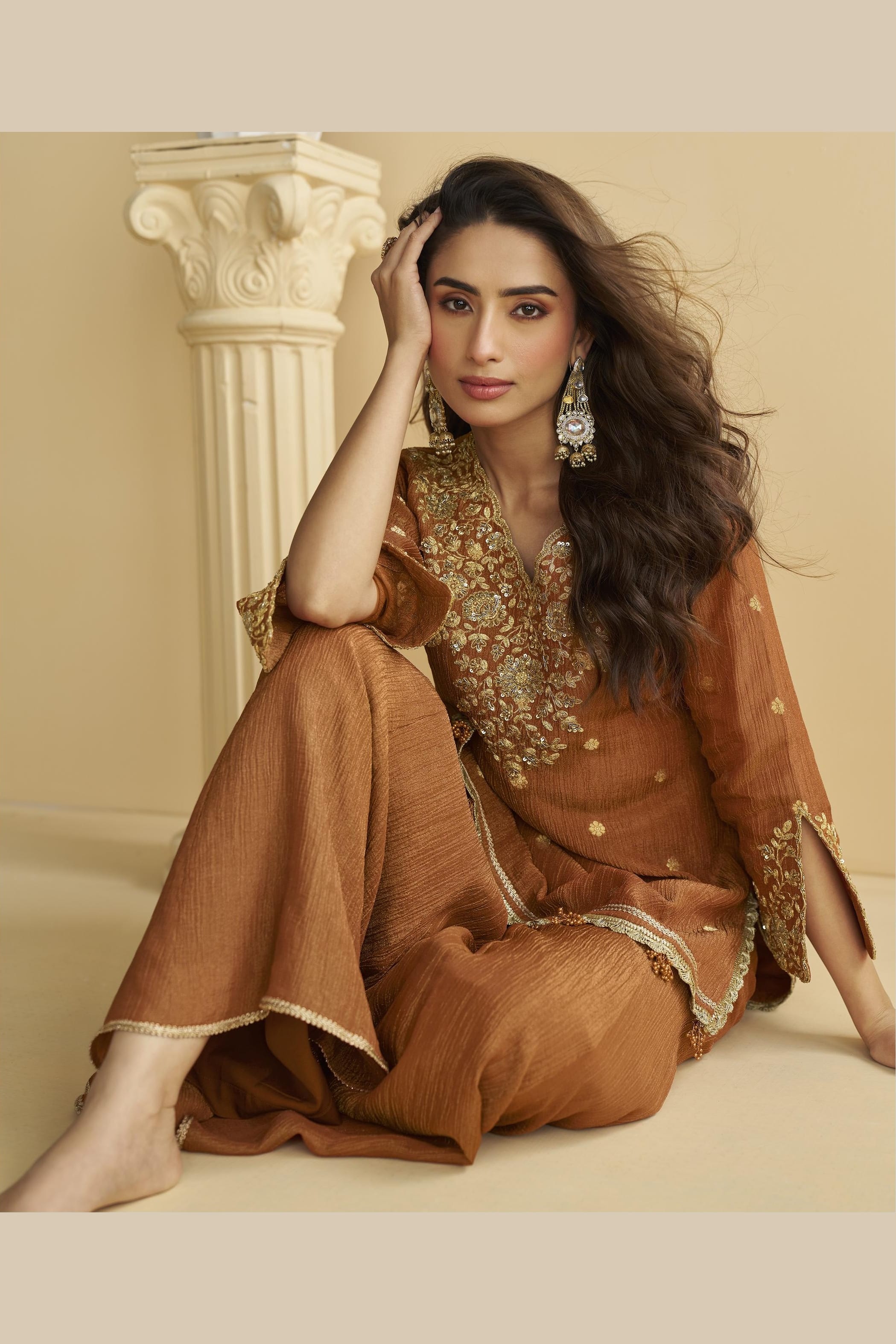 Reddish Brown Chinon Silk Plazo Suit For Indian & Pakistani Wedding Festival - Thread & Sequins Embroidery Work, Print Work
