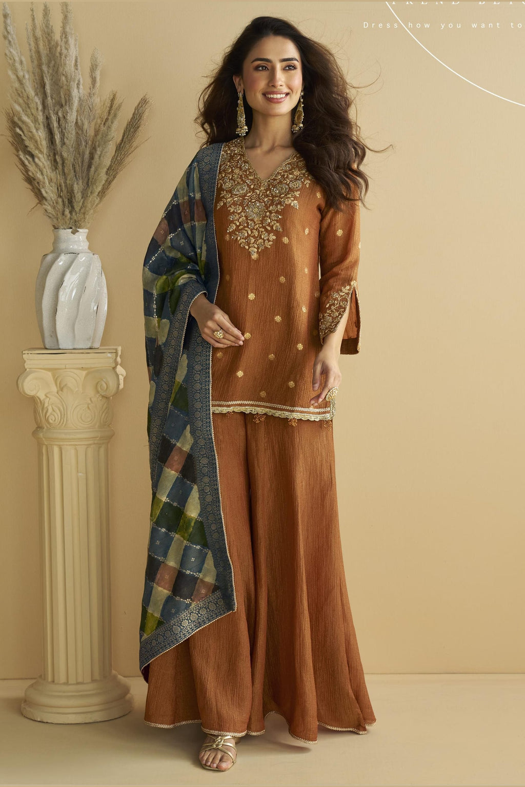 Reddish Brown Chinon Silk Plazo Suit For Indian & Pakistani Wedding Festival - Thread & Sequins Embroidery Work, Print Work
