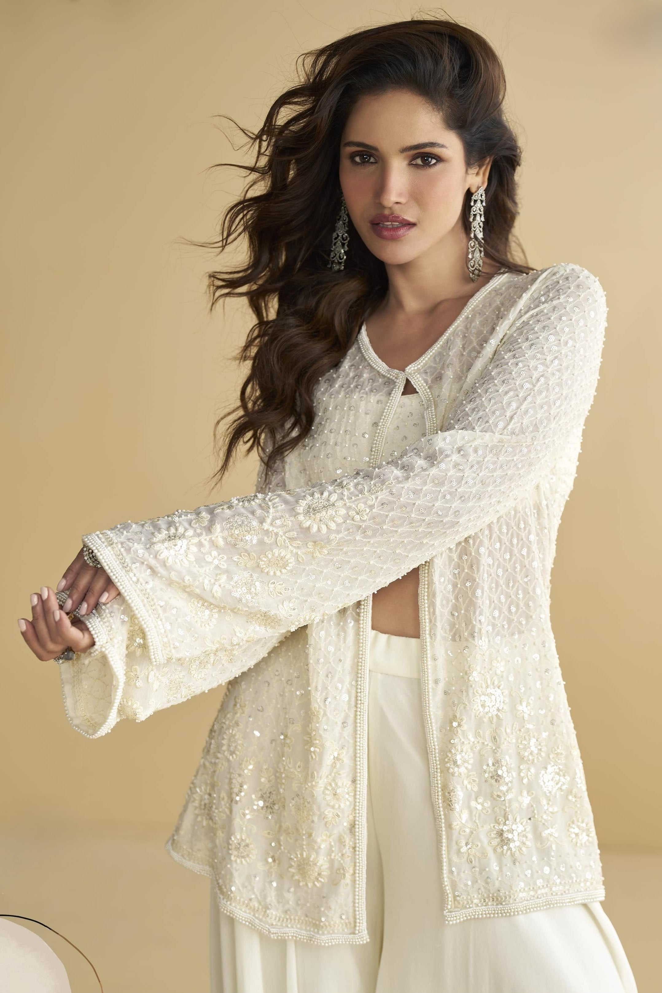 White Chinon Silk Palazzo Choli With Jacket For Indian & Pakistani Wedding Festival - Embroidery Work