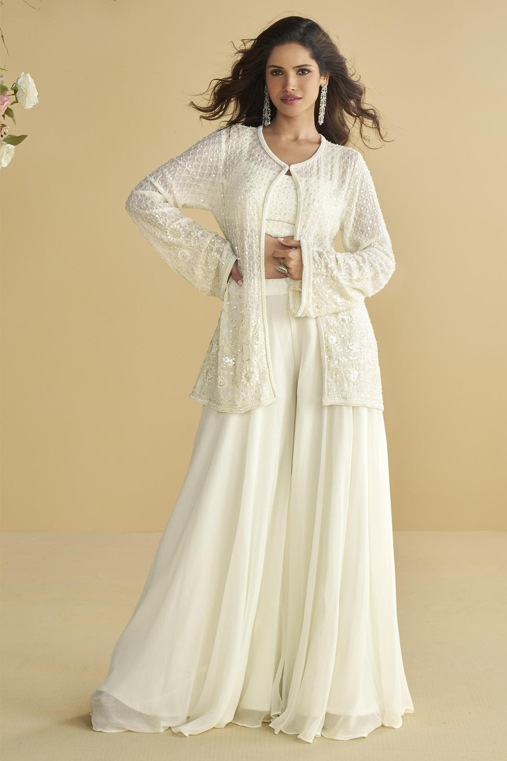 White Chinon Silk Palazzo Choli With Jacket For Indian & Pakistani Wedding Festival - Embroidery Work