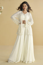 White Chinon Silk Palazzo Choli With Jacket For Indian & Pakistani Wedding Festival - Embroidery Work