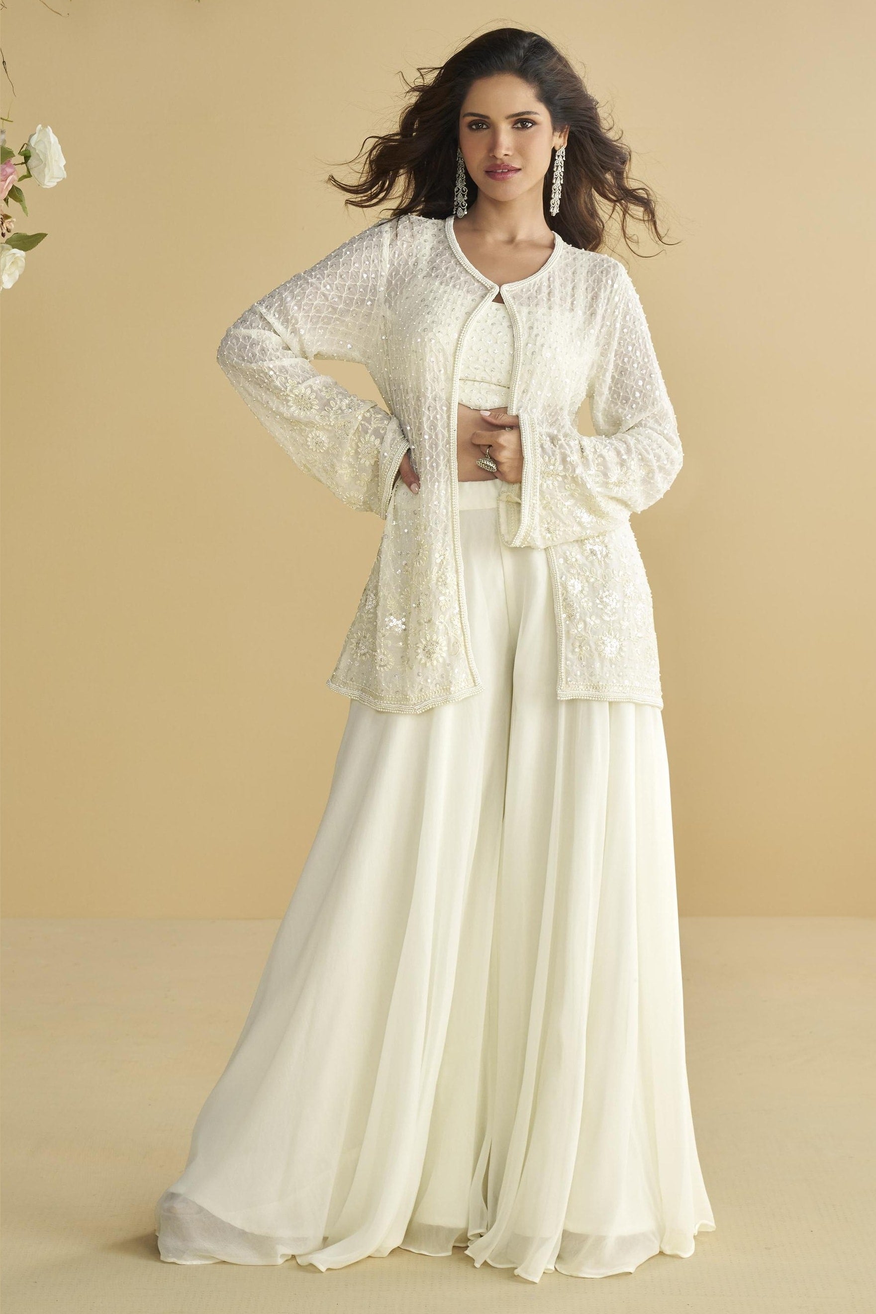 White Chinon Silk Palazzo Choli With Jacket For Indian & Pakistani Wedding Festival - Embroidery Work