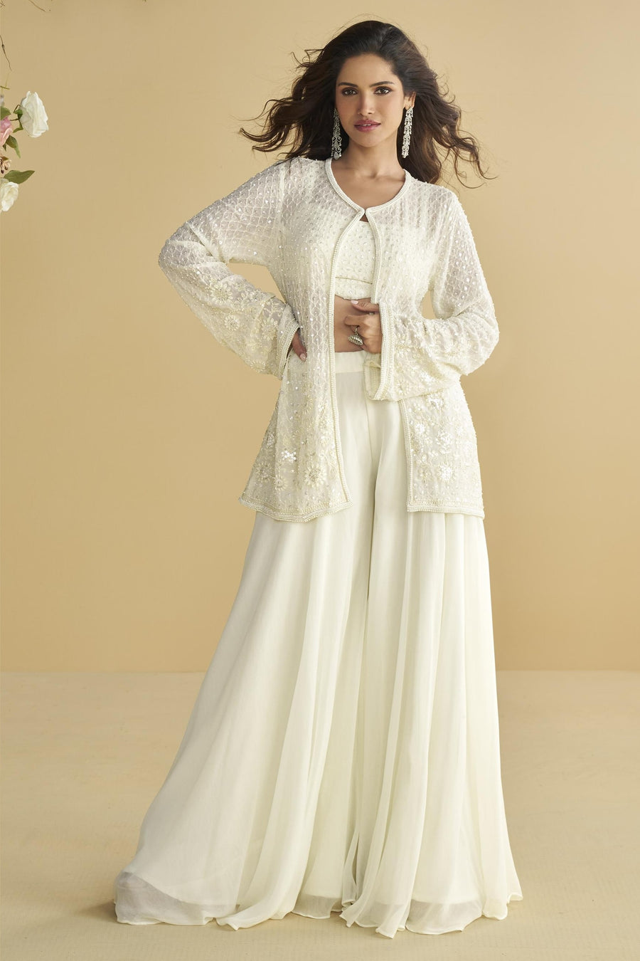 White Chinon Silk Palazzo Choli With Jacket For Indian & Pakistani Wedding Festival - Embroidery Work