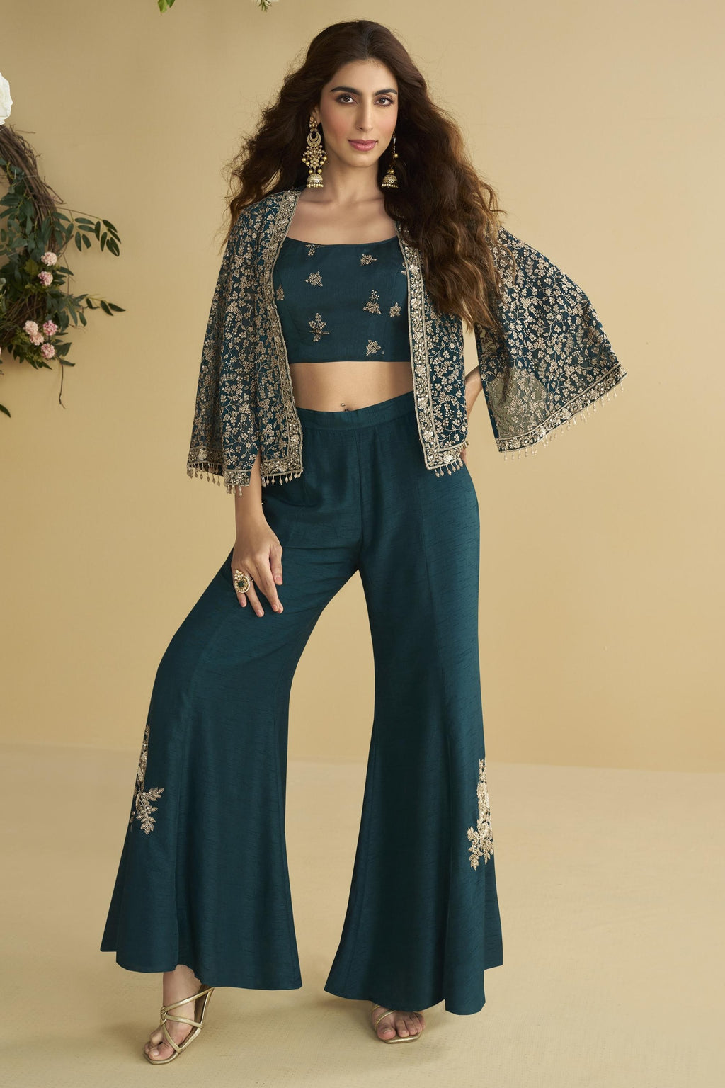 Teal Chinon Silk Palazzo Choli With Jacket For Indian & Pakistani Wedding Festival - Embroidery Work