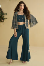 Teal Chinon Silk Palazzo Choli With Jacket For Indian & Pakistani Wedding Festival - Embroidery Work