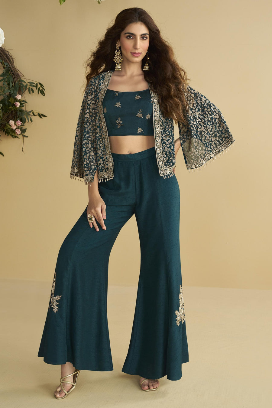 Teal Chinon Silk Palazzo Choli With Jacket For Indian & Pakistani Wedding Festival - Embroidery Work