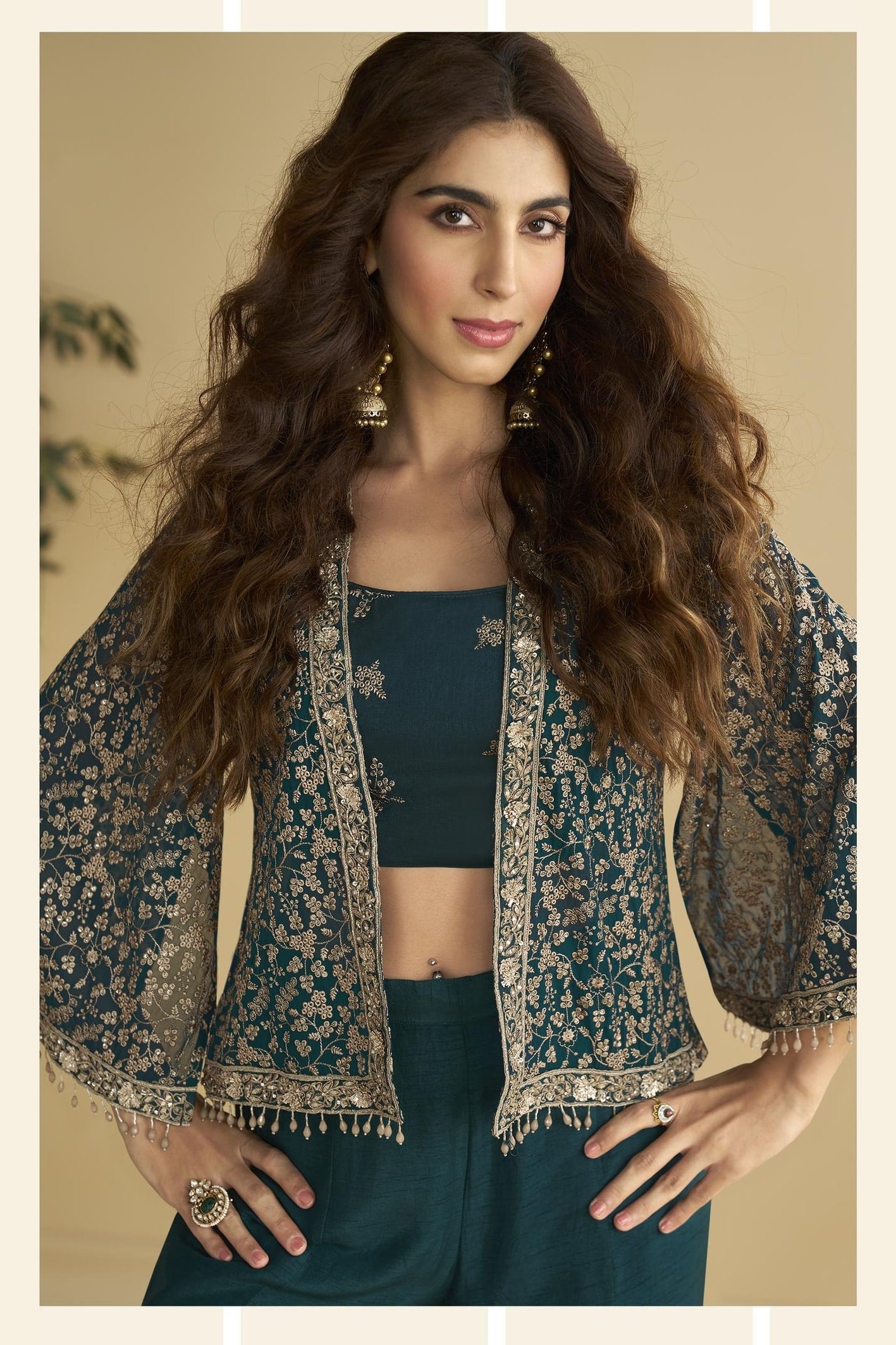Teal Chinon Silk Palazzo Choli With Jacket For Indian & Pakistani Wedding Festival - Embroidery Work