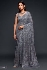 Grey Georgette Sequins Saree for Party with Sleeveless Blouse & Underskirt