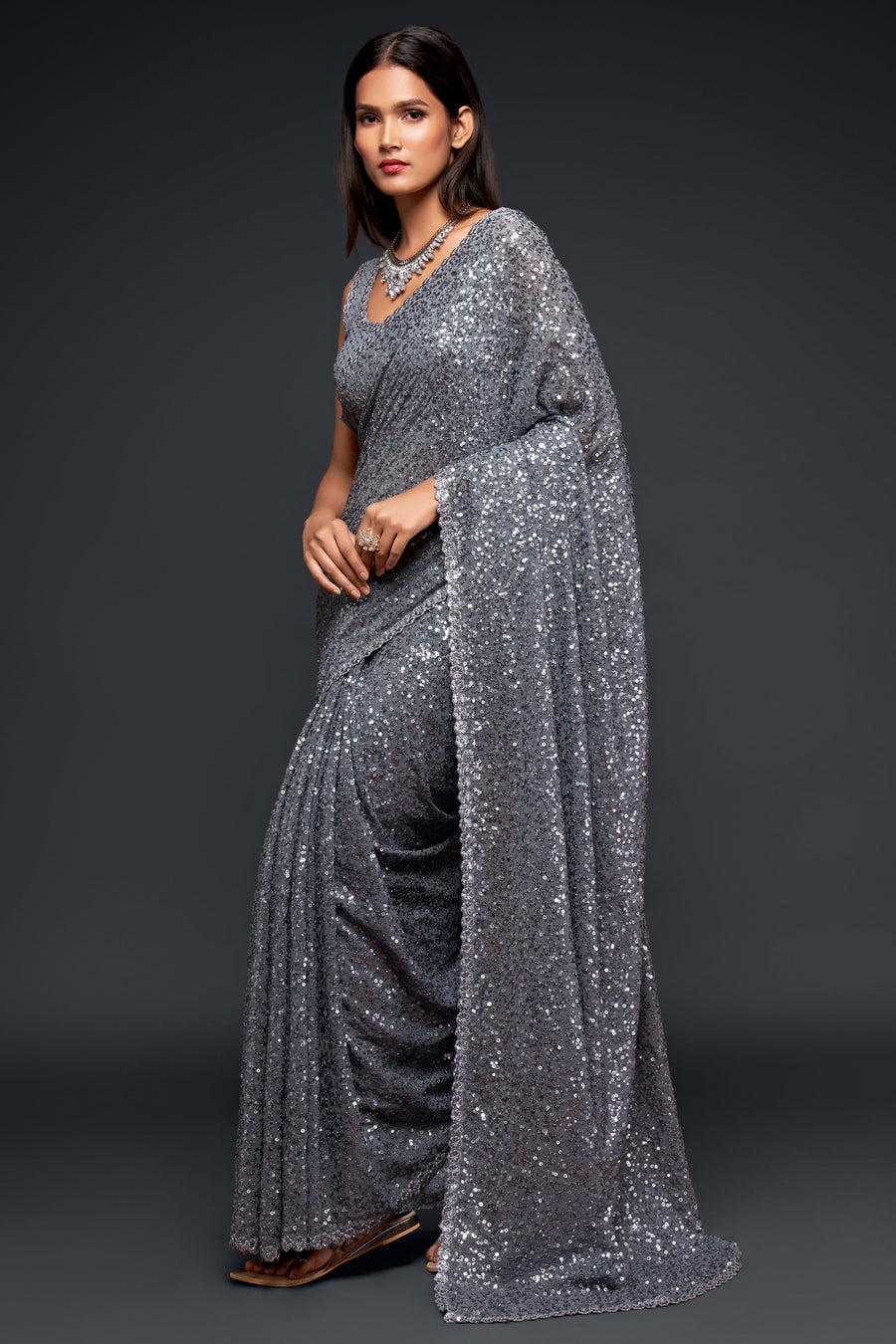 Grey Georgette Party Wear Saree with Blouse and Underskirt