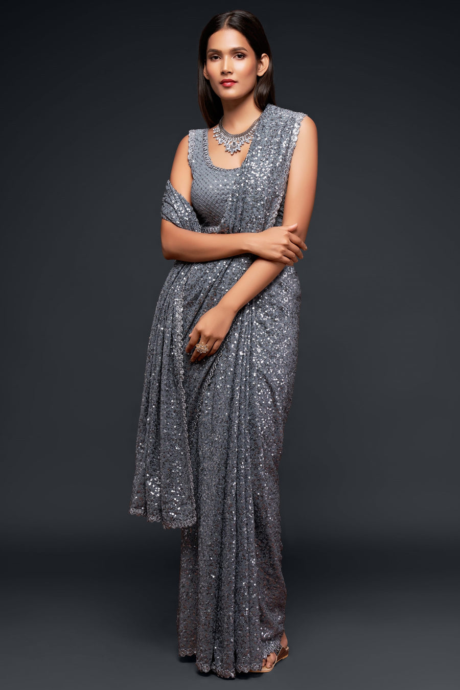 Grey Georgette Party Wear Saree with Blouse and Underskirt