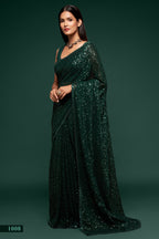 Bottle Green Georgette Party Wear Saree with Blouse and Underskirt