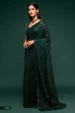 Dark Green Sequins Saree for Party in Georgette with Sleeveless Blouse & Underskirt
