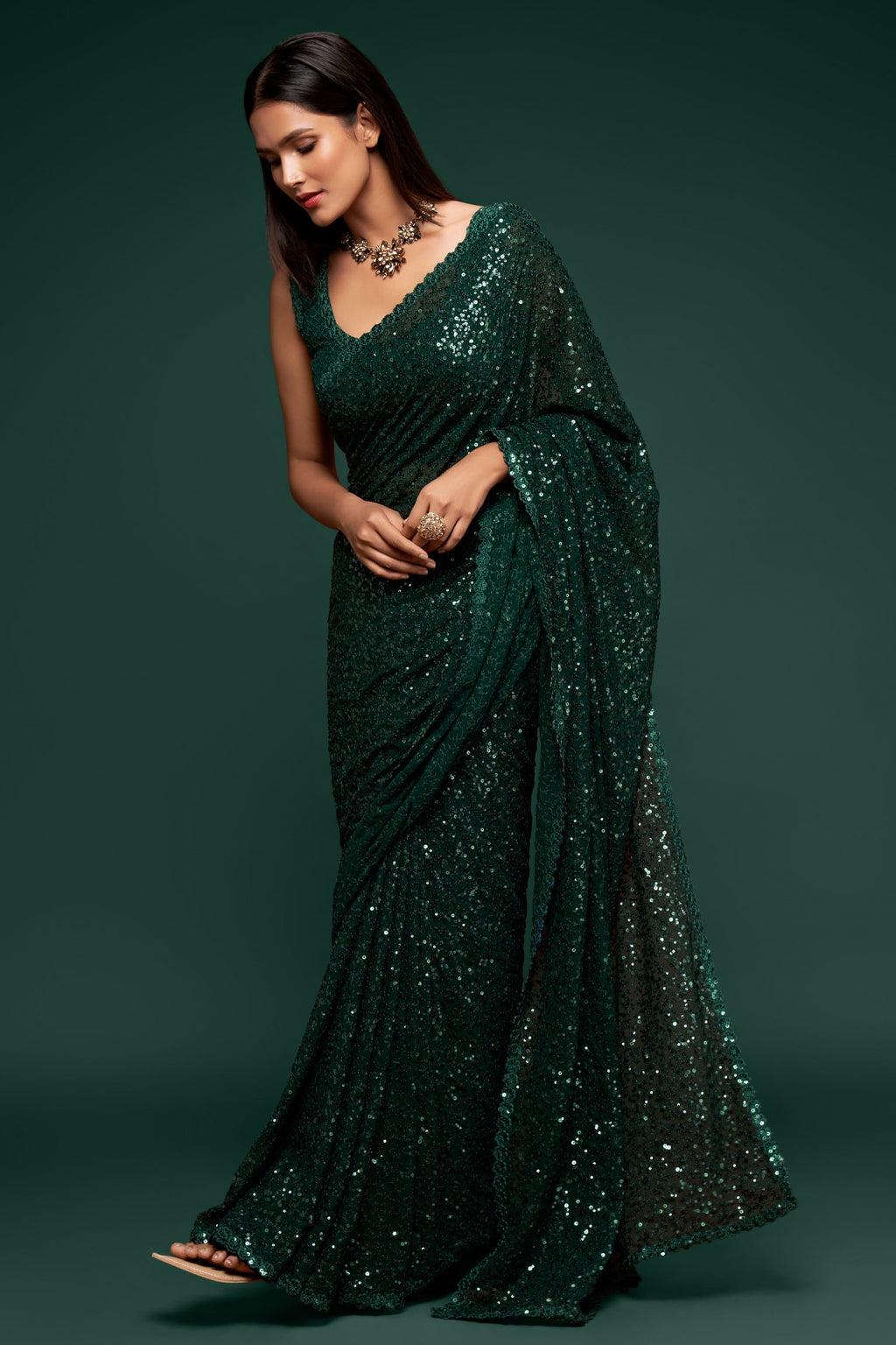 Bottle Green Georgette Party Wear Saree with Blouse and Underskirt