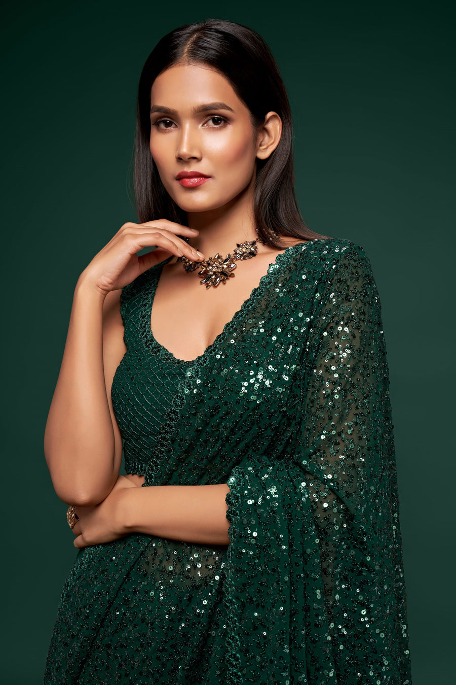 Bottle Green Georgette Party Wear Saree with Blouse and Underskirt