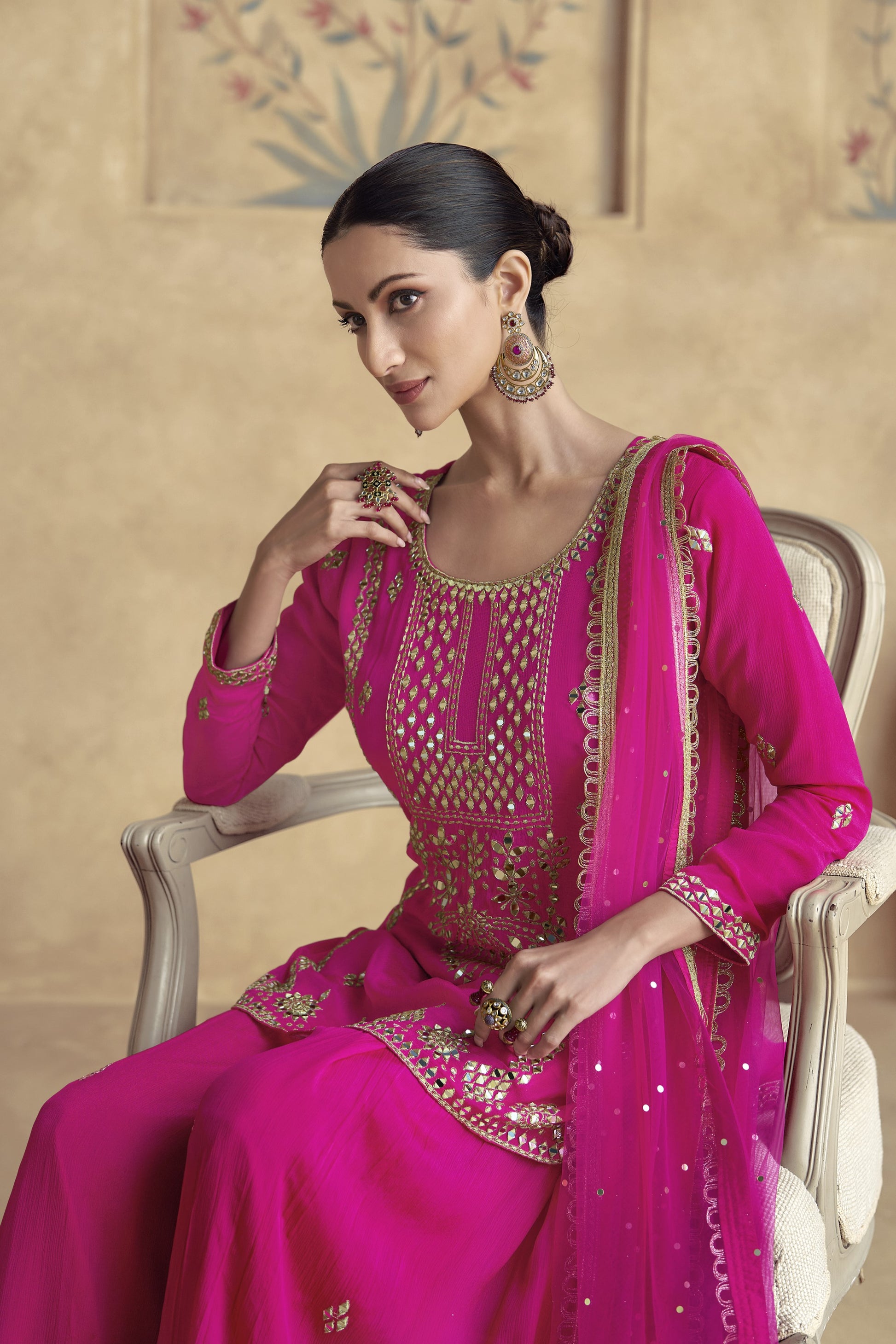 Hot Pink Chinon Silk Palazzo Suit For Wedding & Festival - Embroidery Work