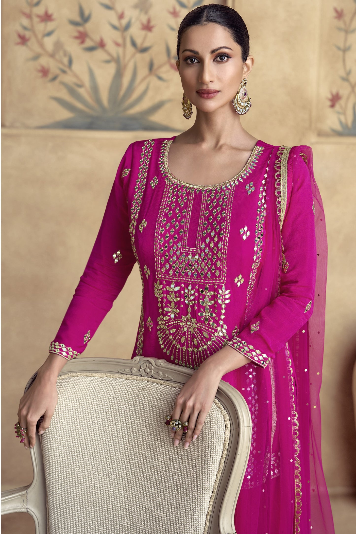 Hot Pink Chinon Silk Palazzo Suit For Wedding & Festival - Embroidery Work