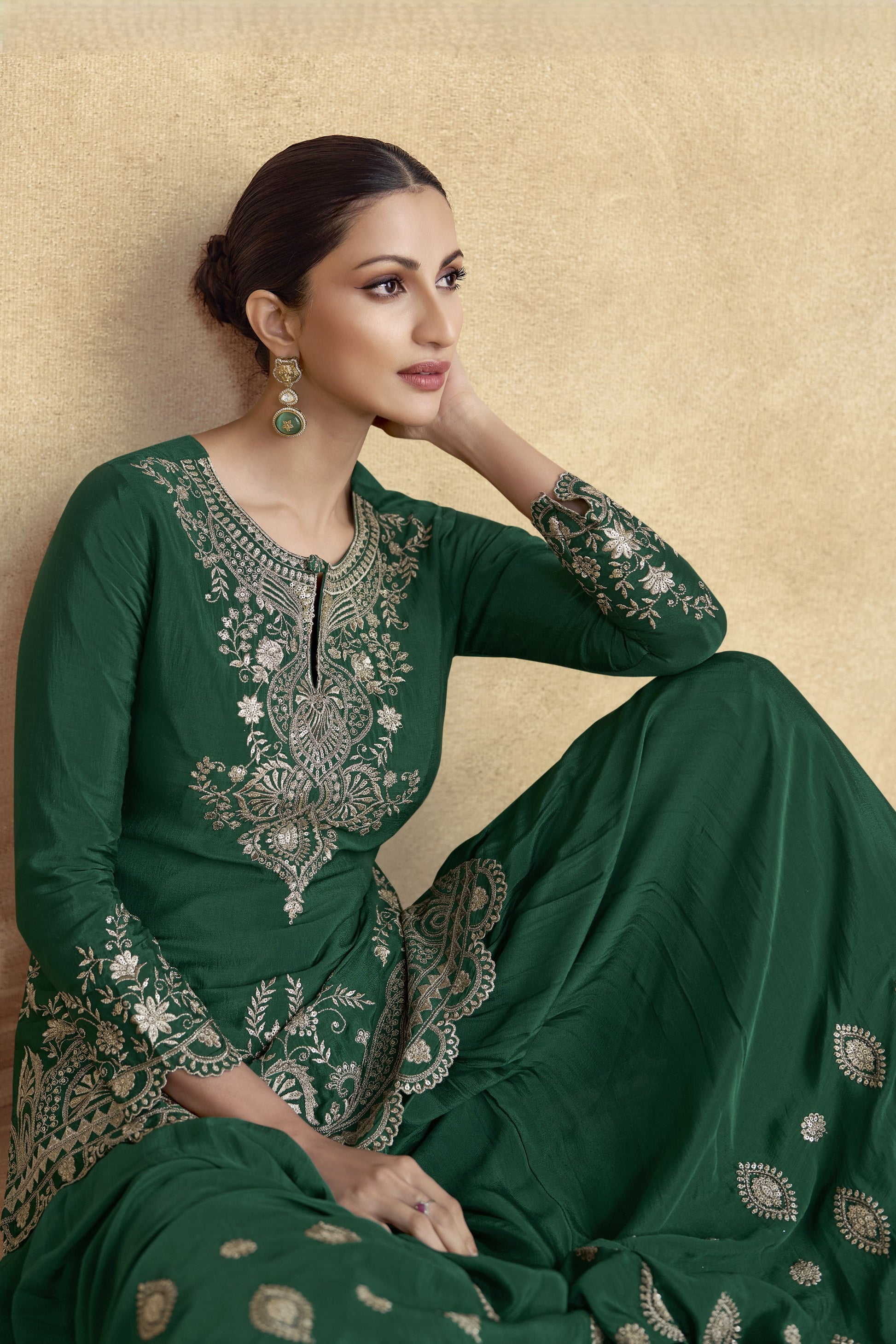 Green Chinon Silk Palazzo Suit For Wedding & Festival - Embroidery Work