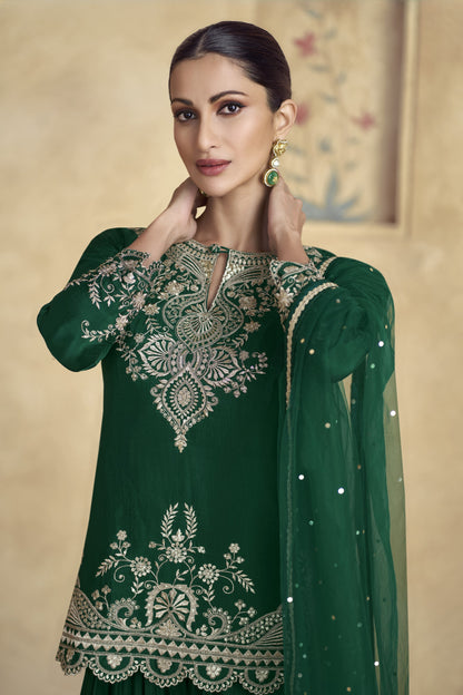 Green Chinon Silk Palazzo Suit For Wedding & Festival - Embroidery Work