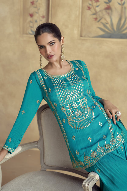 Sky Blue Chinon Silk Palazzo Suit For Wedding & Festival - Embroidery Work