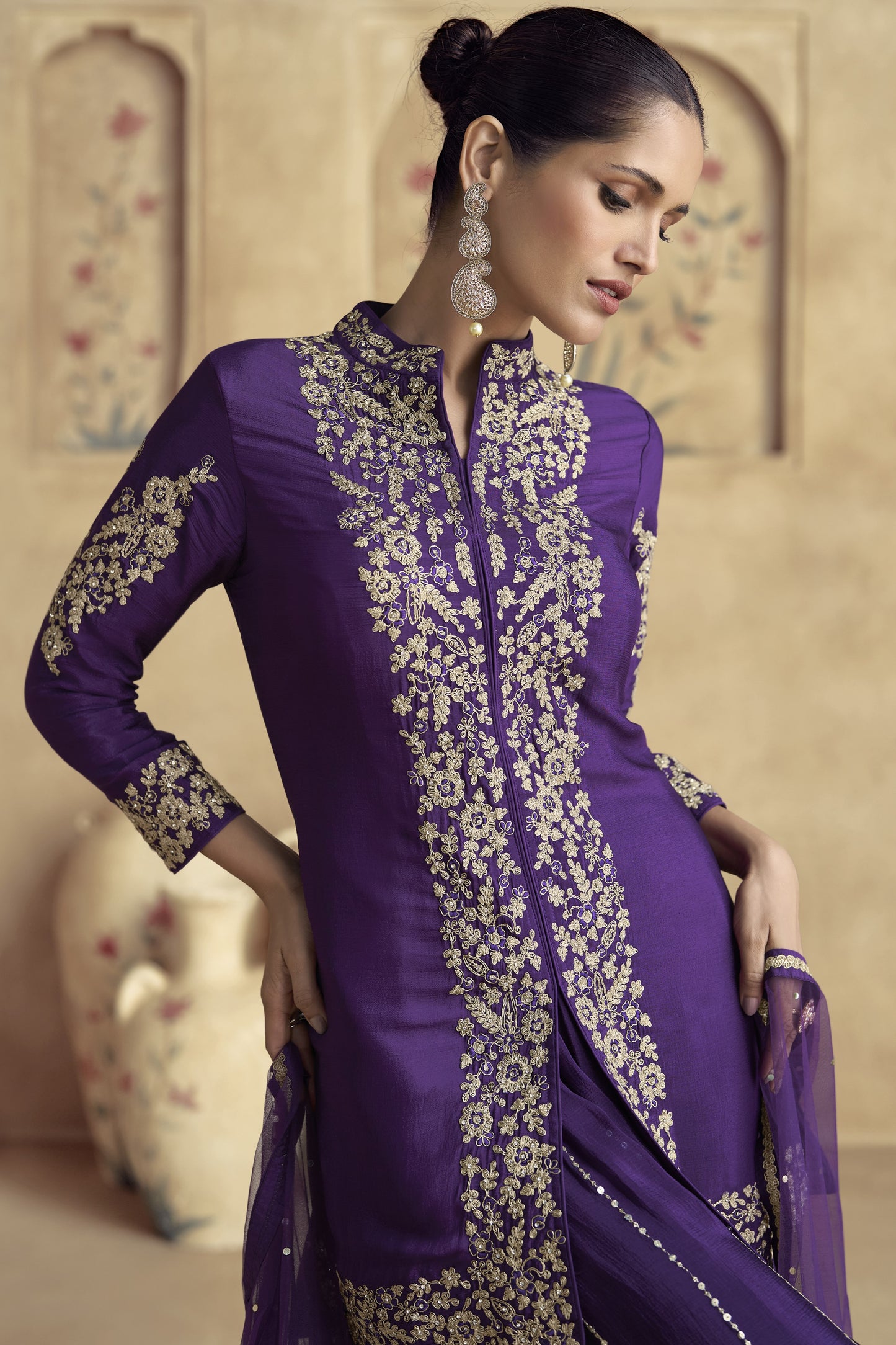 Blue Chinon Silk Palazzo Suit For Wedding & Festival - Embroidery Work