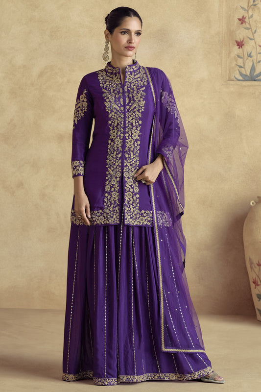 Blue Chinon Silk Palazzo Suit For Wedding & Festival - Embroidery Work