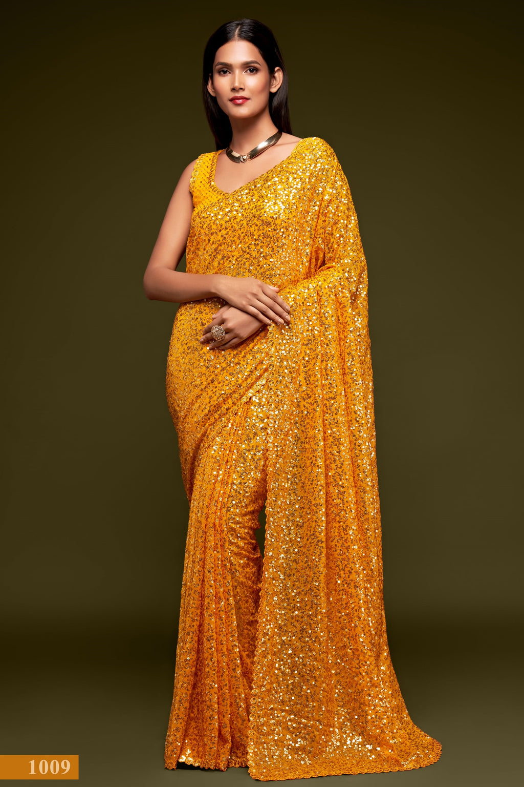 Yellow Georgette Party Wear Saree with Sequins Embroidery Blouse and Underskirt