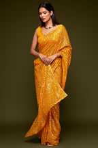 Yellow Georgette Party Wear Saree with Sequins Embroidery Blouse and Underskirt