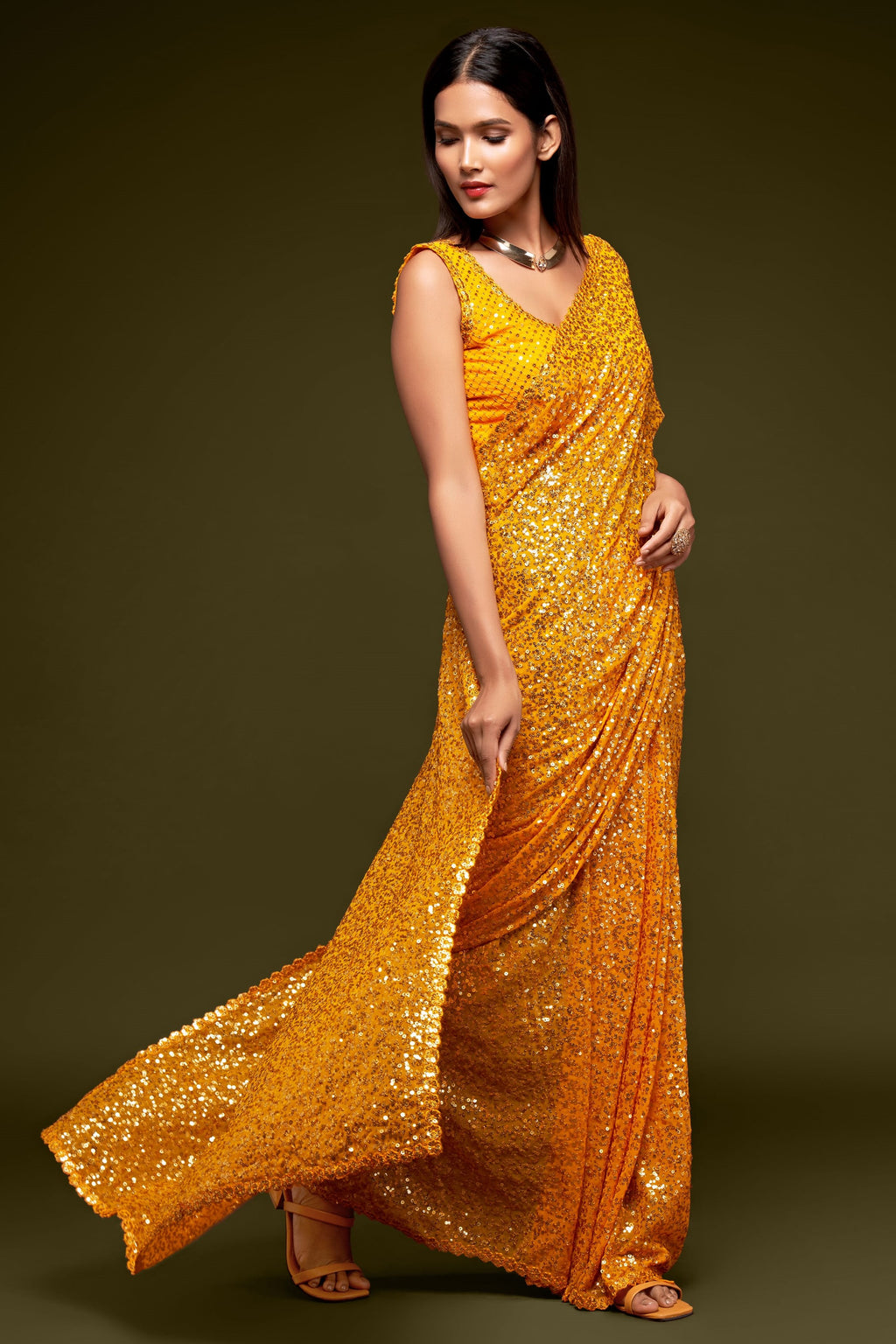 Yellow Georgette Party Wear Saree with Sequins Embroidery Blouse and Underskirt