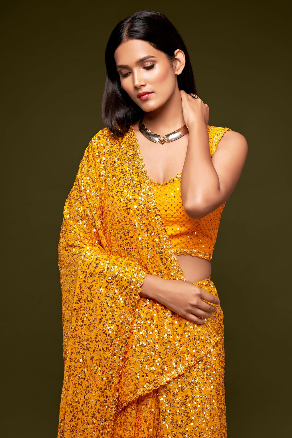 Yellow Georgette Party Wear Saree with Sequins Embroidery Blouse and Underskirt