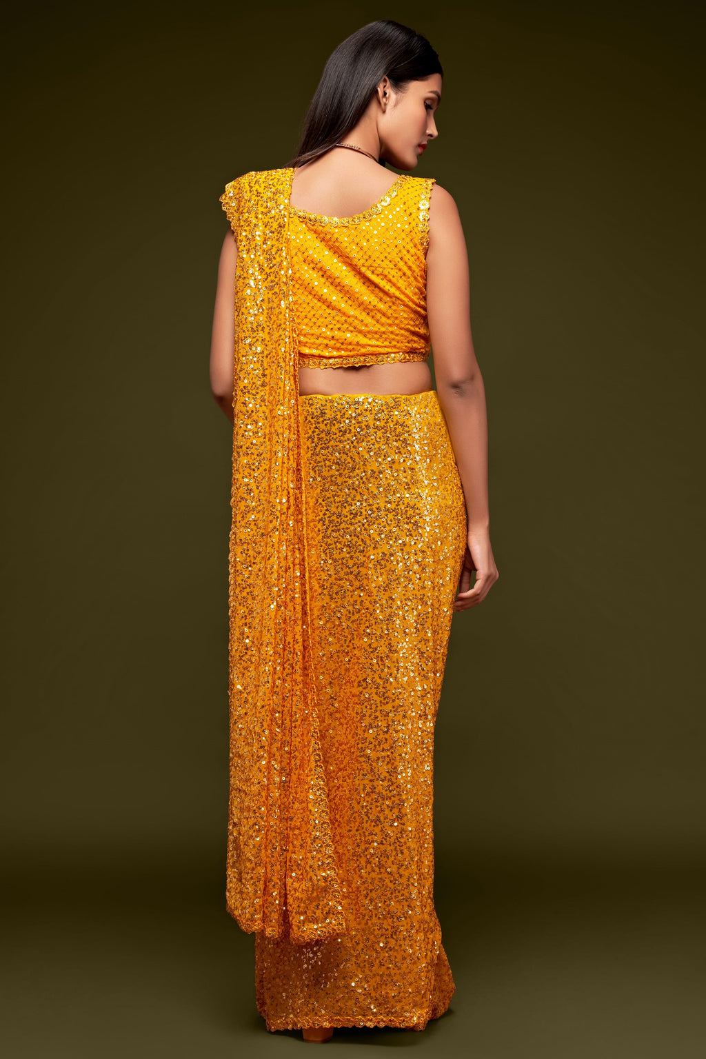 Yellow Georgette Party Wear Saree with Sequins Embroidery Blouse and Underskirt