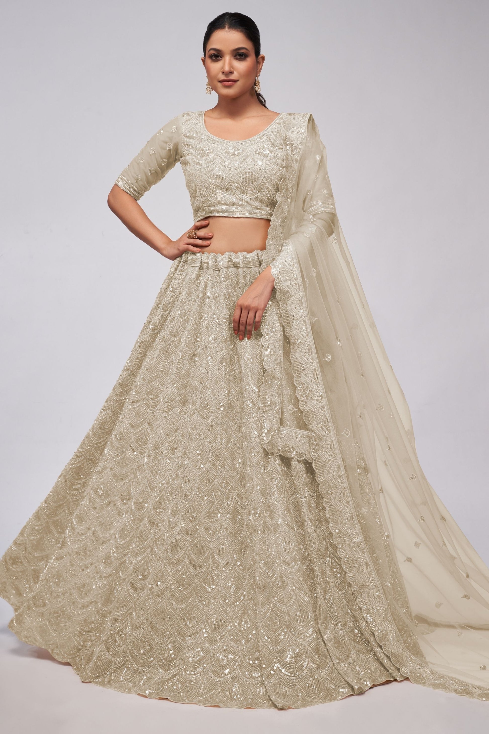 Off White Soft Net Lehenga Choli For Indian Festivals & Weddings - Sequins Work, Bead Work, Zarkan Work