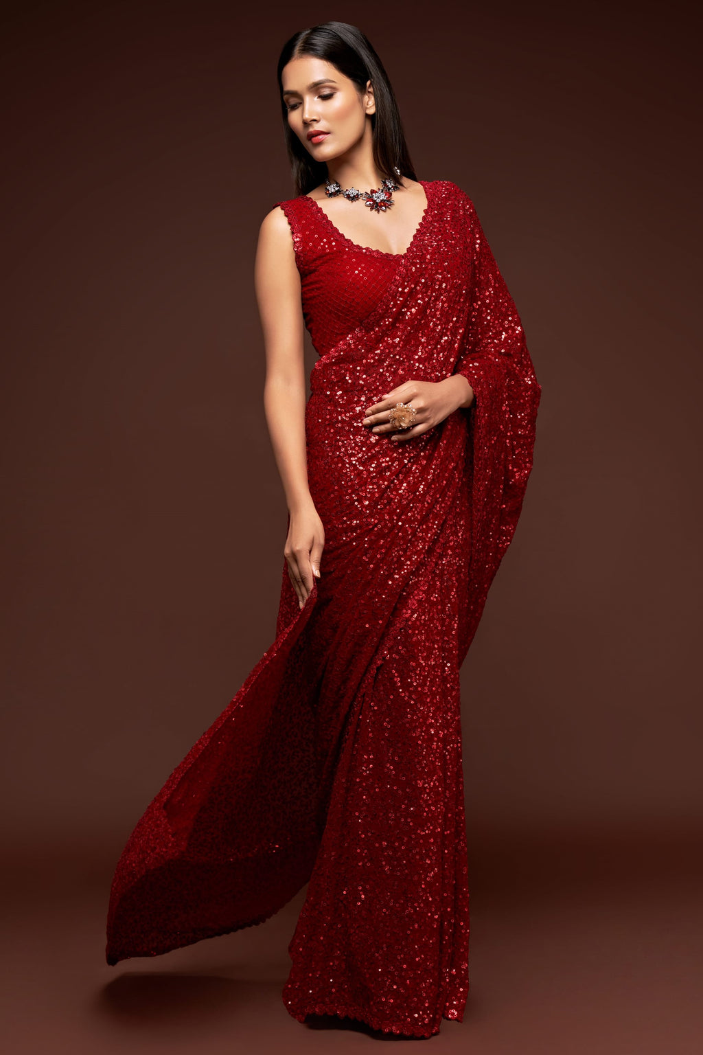 Red Georgette Party Wear Saree with Sequins Embroidery Blouse and Underskirt