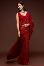 Red Georgette Party Wear Saree with Sequins Embroidery Blouse and Underskirt