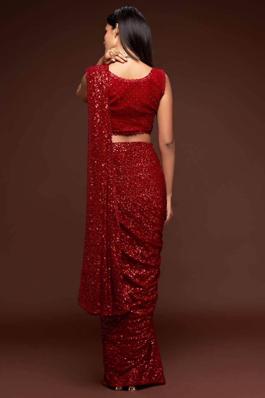 Red Georgette Party Wear Saree with Sequins Embroidery Blouse and Underskirt