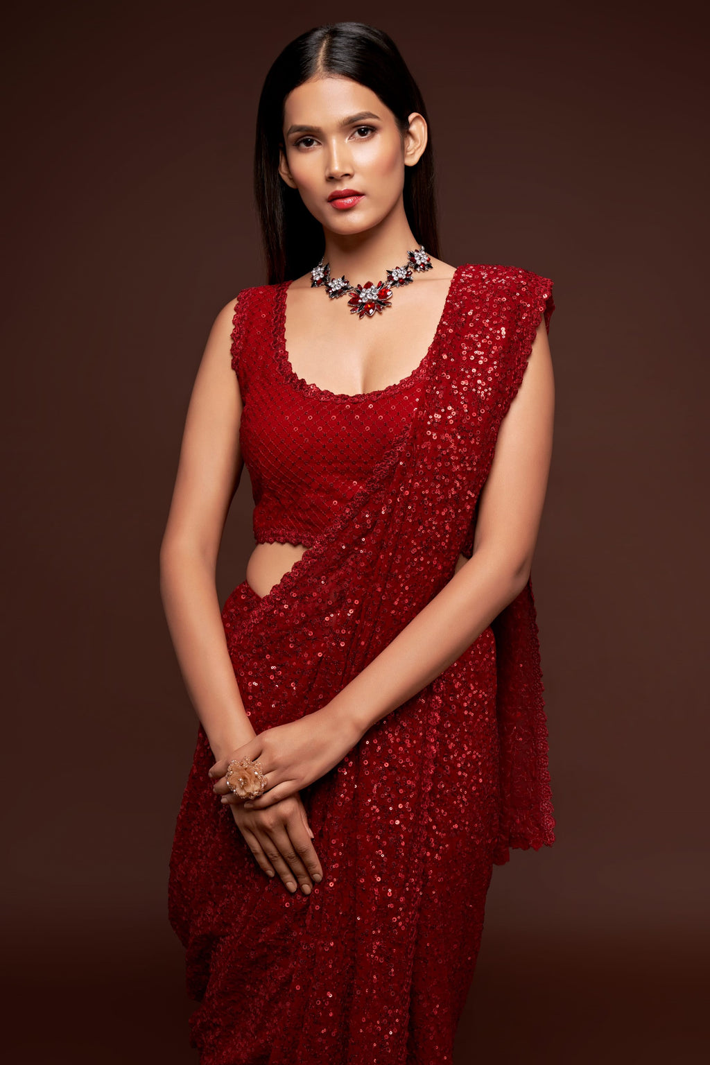 Red Georgette Party Wear Saree with Sequins Embroidery Blouse and Underskirt
