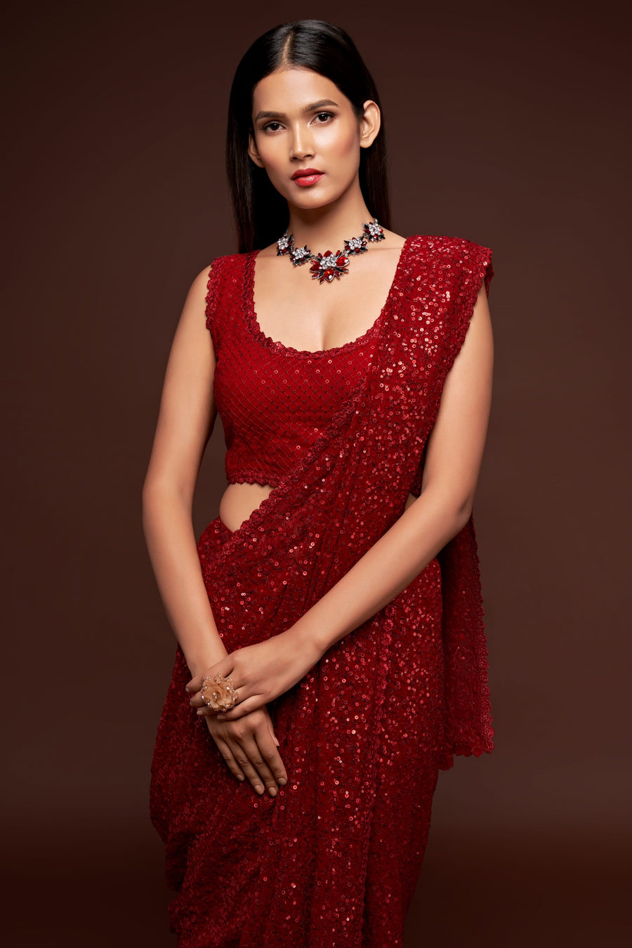 Red Georgette Party Wear Saree with Sequins Embroidery Blouse and Underskirt