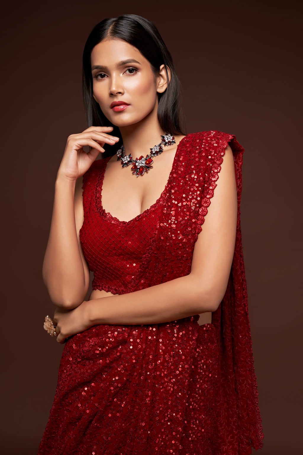 Red Georgette Party Wear Saree with Sequins Embroidery Blouse and Underskirt