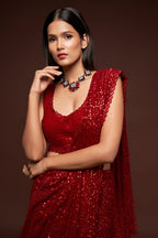 Red Georgette Party Wear Saree with Sequins Embroidery Blouse and Underskirt