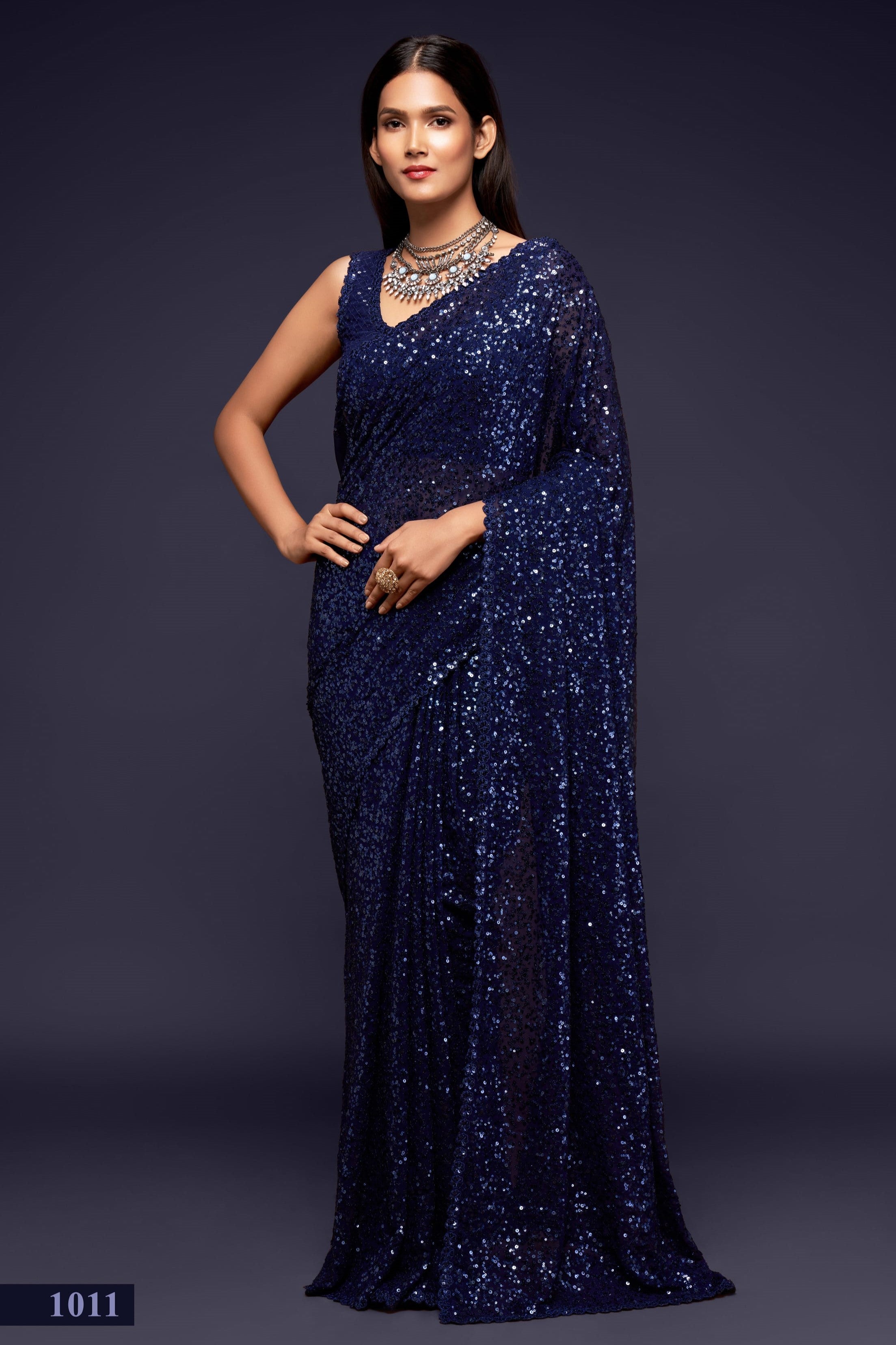 Navy Blue Georgette Party Wear Saree with Blouse and Underskirt