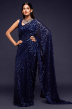 Navy Blue Georgette Party Wear Saree with Blouse and Underskirt