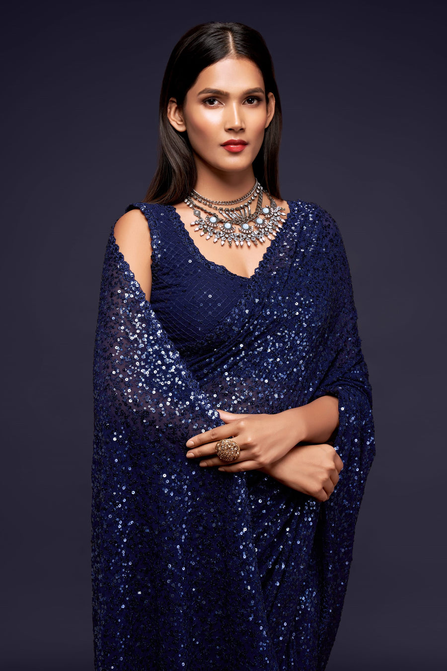 Navy Blue Georgette Party Wear Saree with Blouse and Underskirt